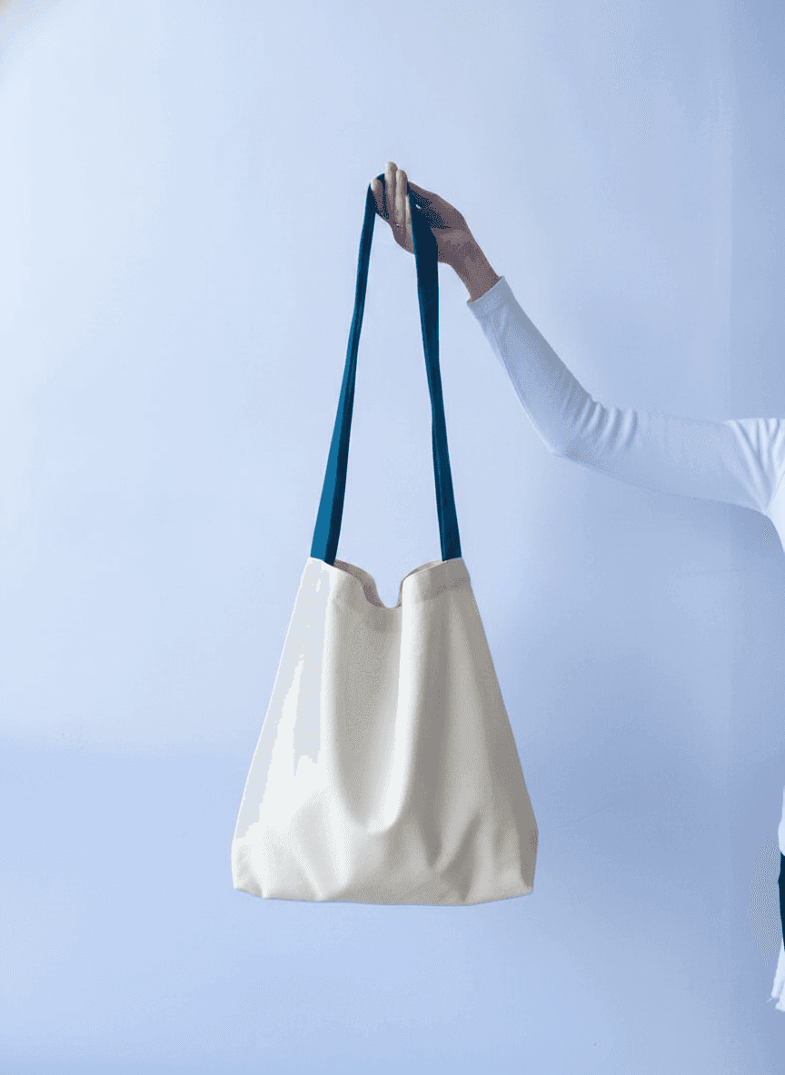 Beige Cotton Tote Bag with Turquoise Handles