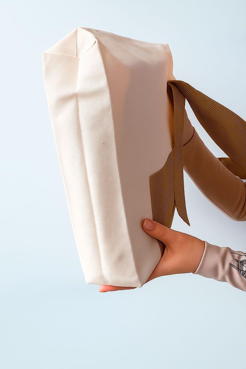 Экошоппер из двунитки с коричневым карманом и ручками-лентами — сумка с удлинённой лентой, прочная хлопковая шоппер-сумка для покупок и повседневного использования без печати Размер: 38см х 42смх 7см