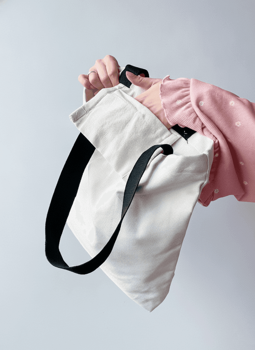 Light Beige Eco Tote Bag with Black Handles & Pocket