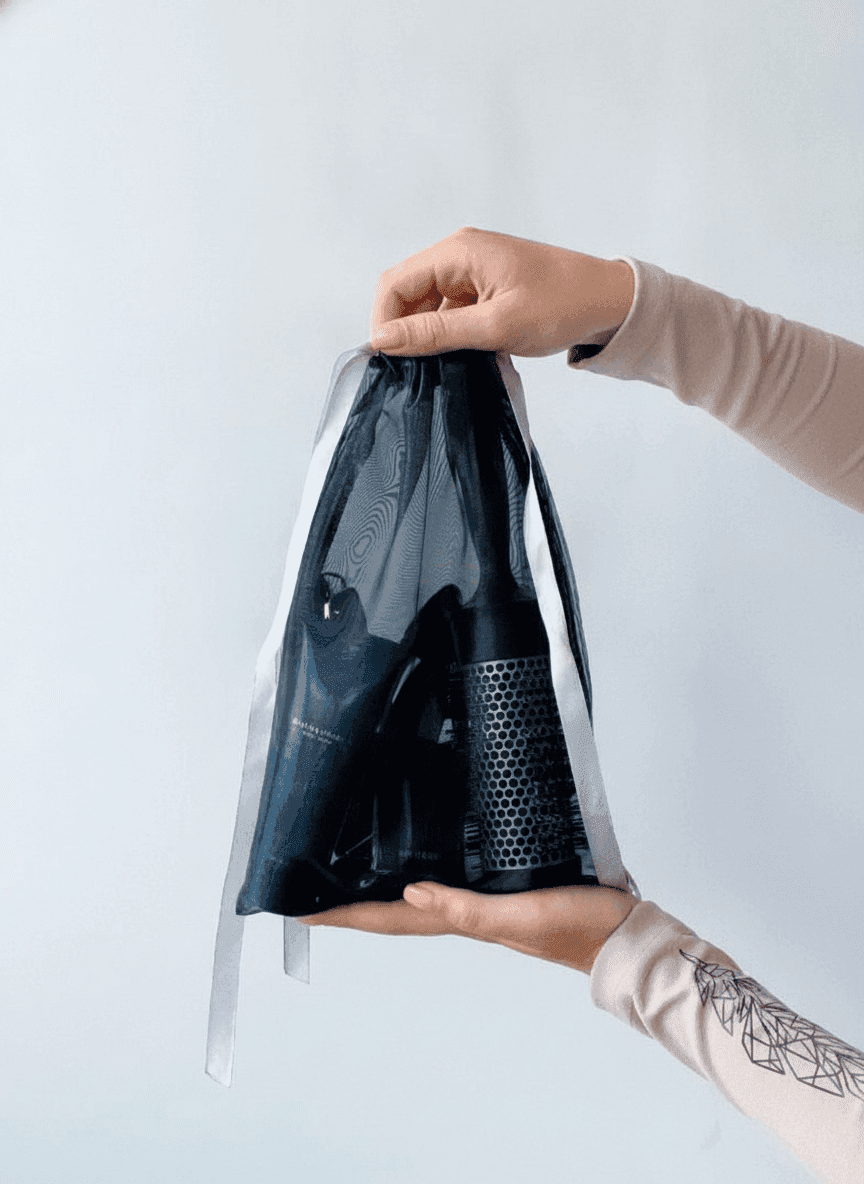 Organza pouch with sewn-on label