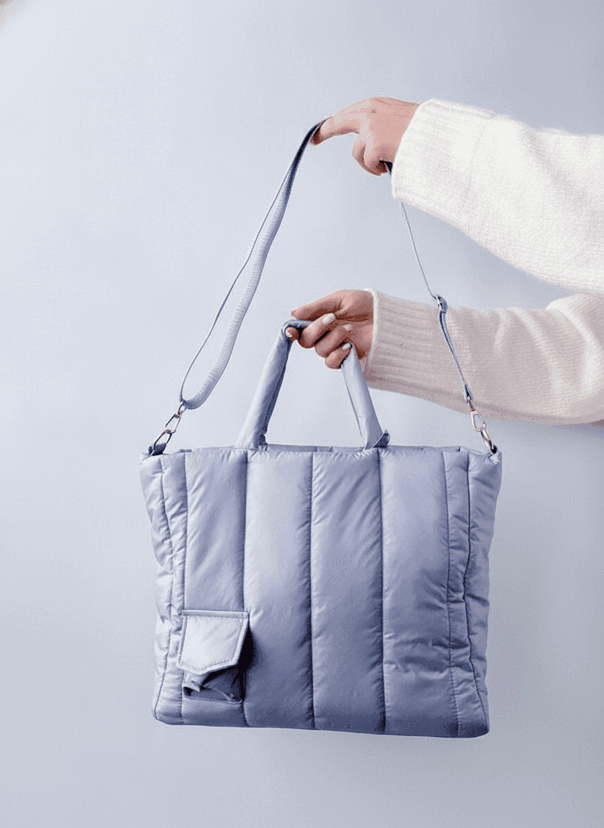 Quilted Light Blue Tote Bag with Inner Pockets