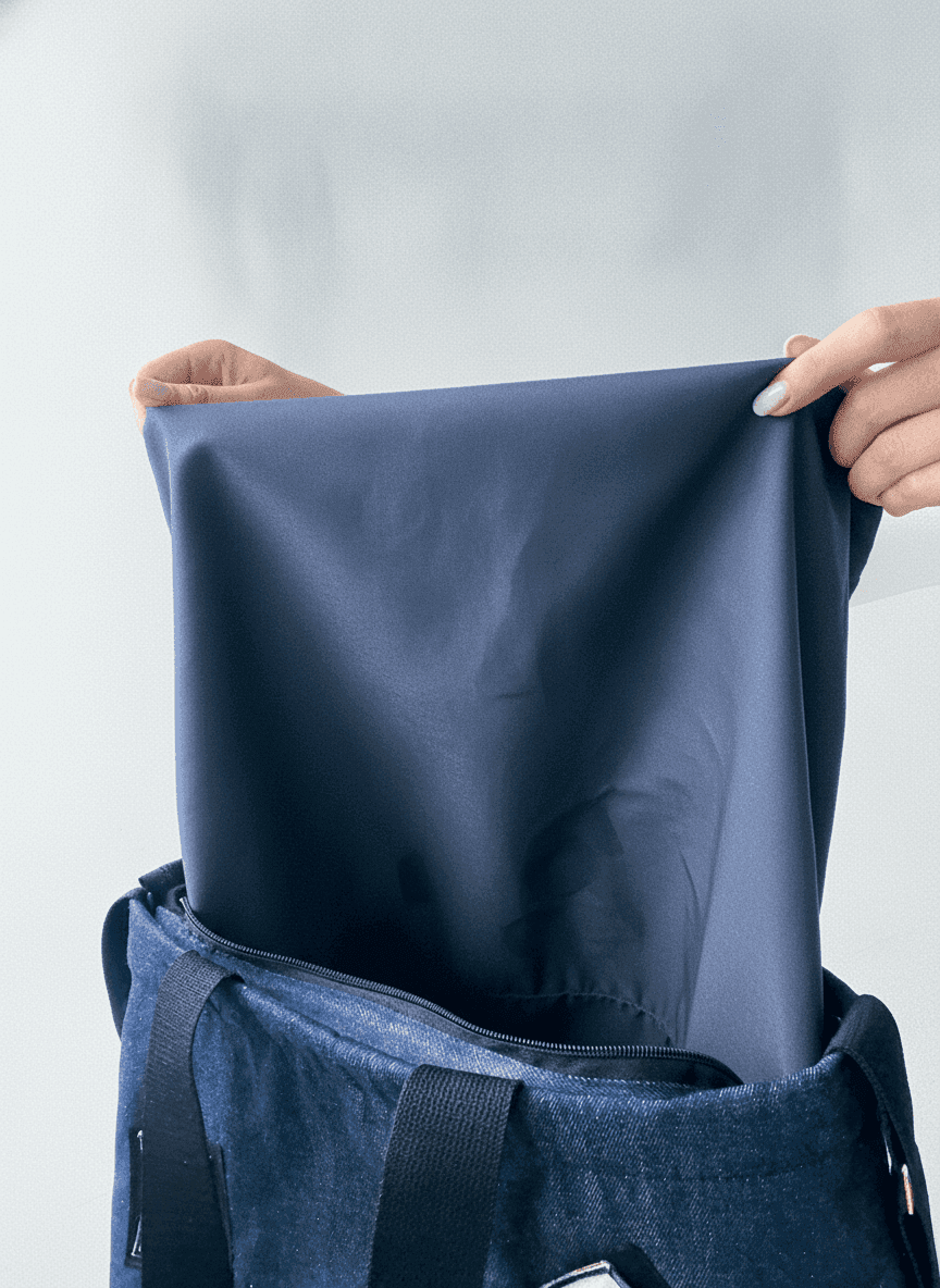 Navy Denim Tote Bag with Patches and Pockets