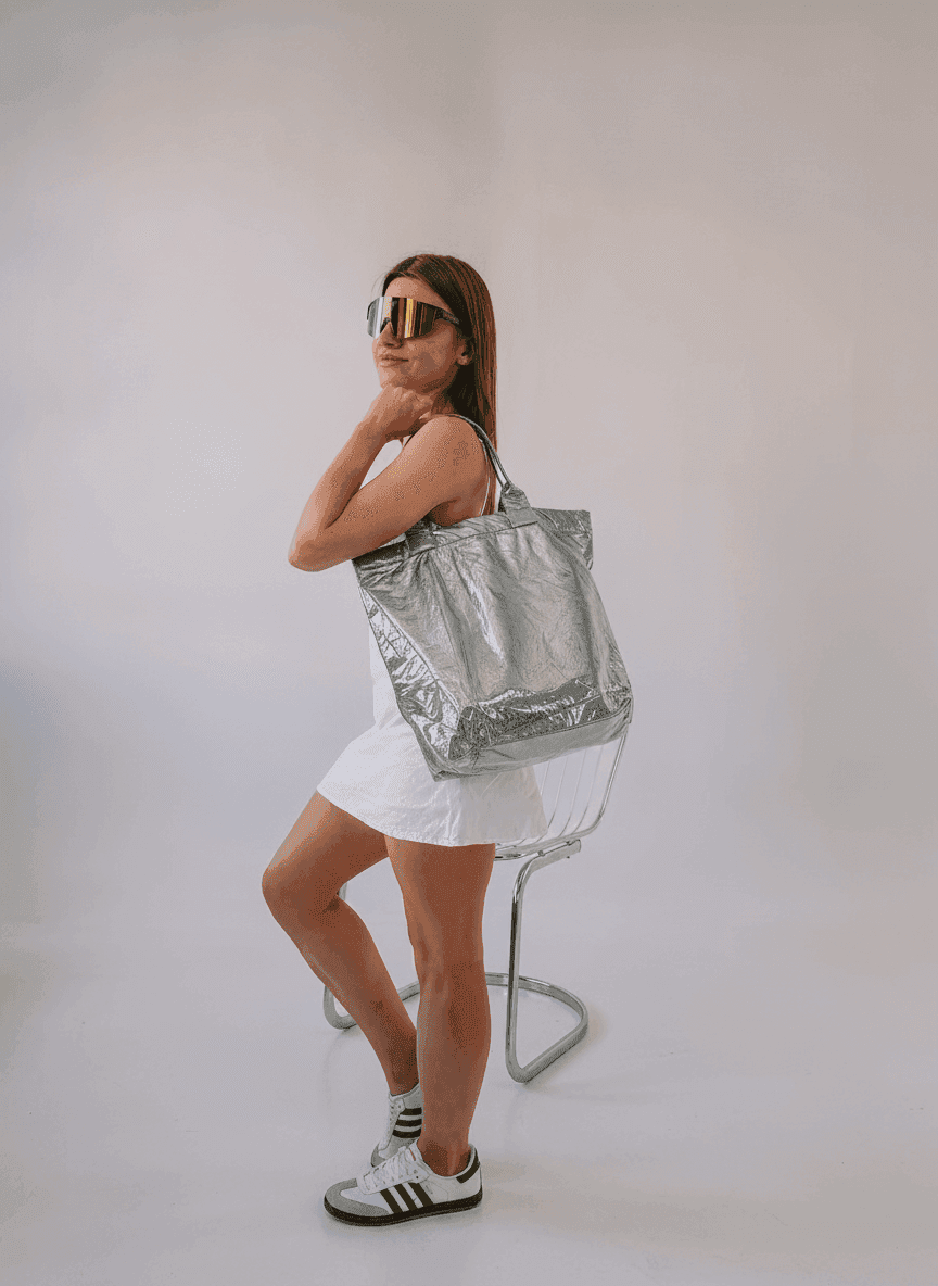 Foil fabric shopper with grey handles for shopping
