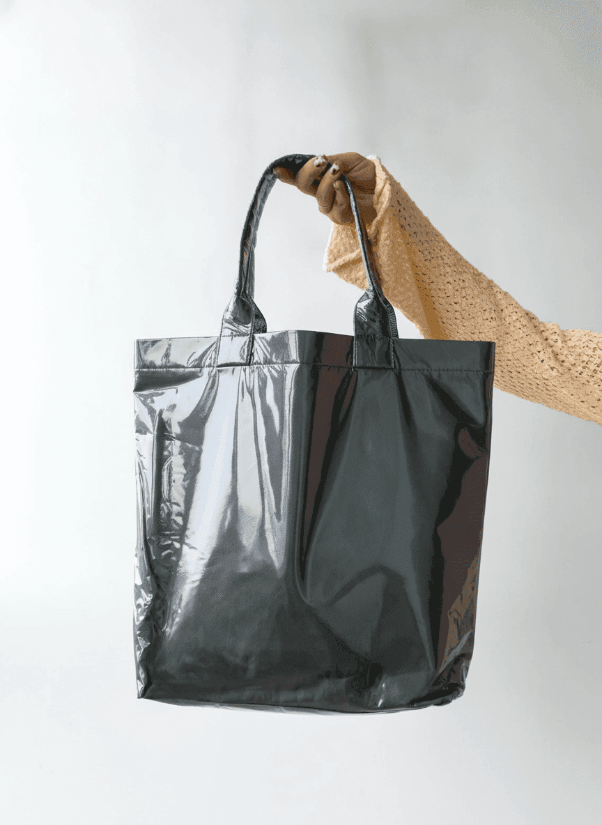 Foil fabric shopper with grey handles for shopping