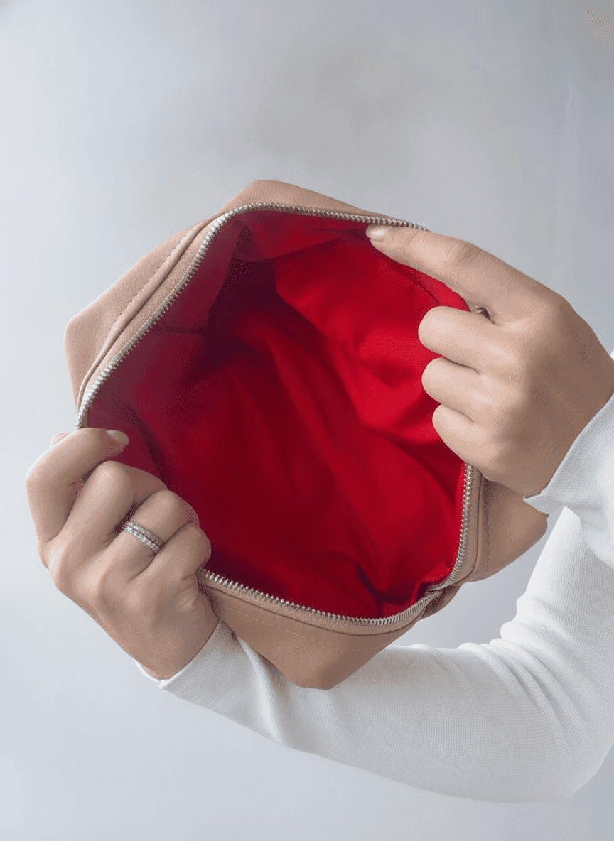 Vegan Leather Makeup Bag with Red Lining