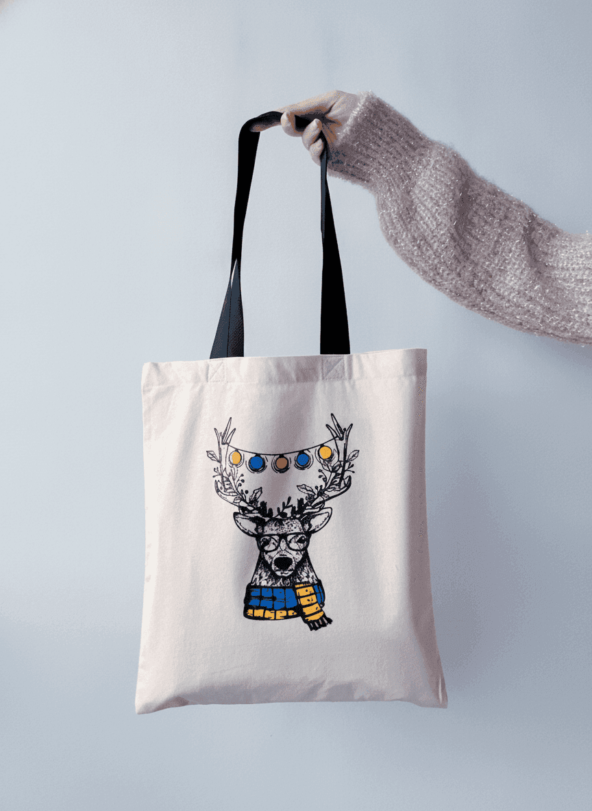 Black Deer Print Cotton Tote Bag