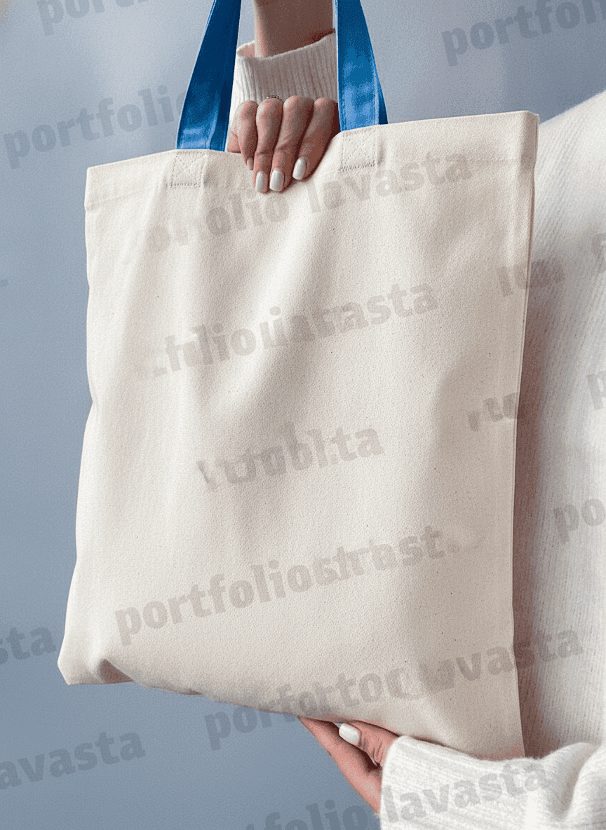 Long Cotton Tote Bag with Blue Handles