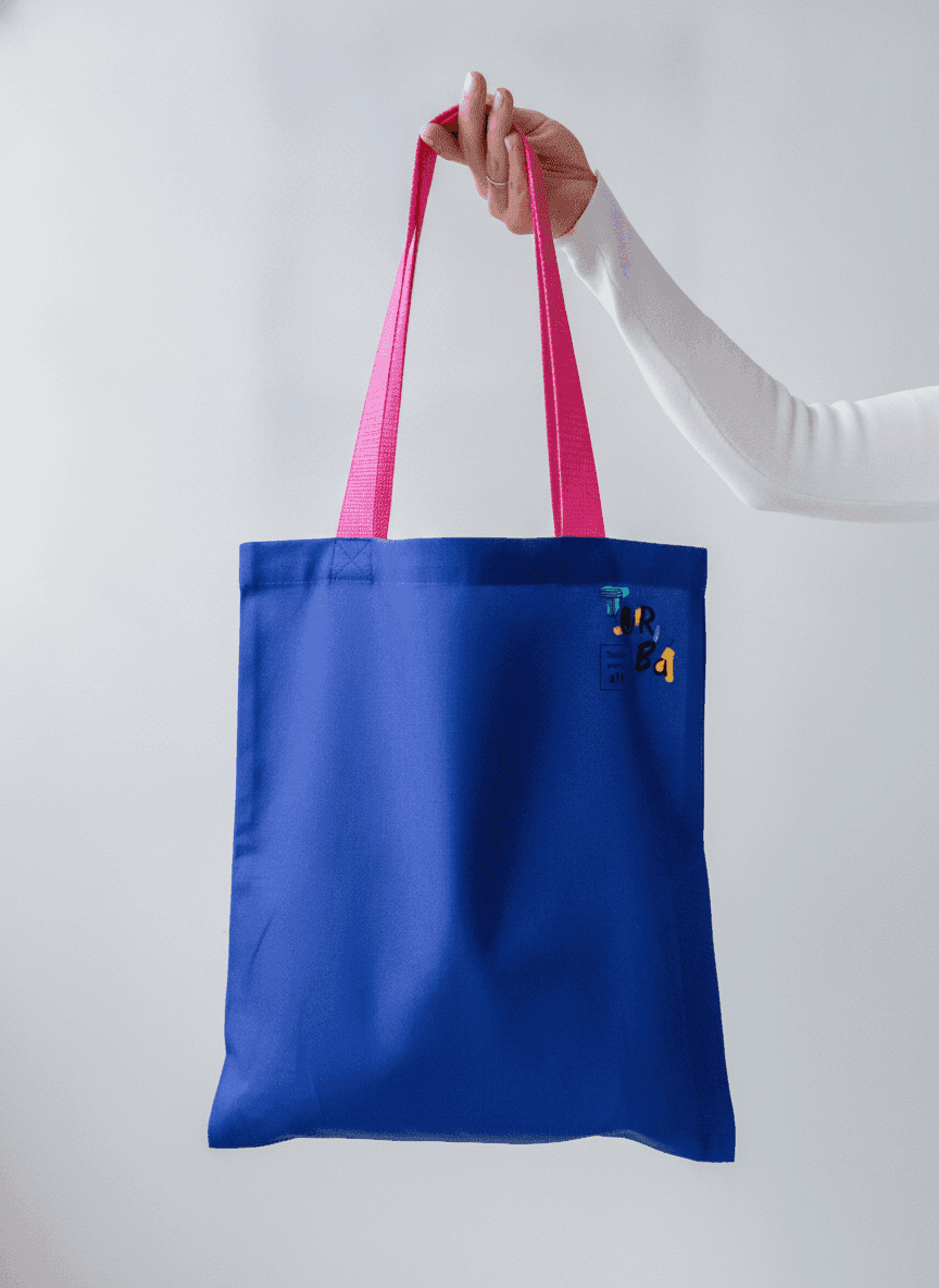 Blue Oxford Tote Bag with Pink Handle