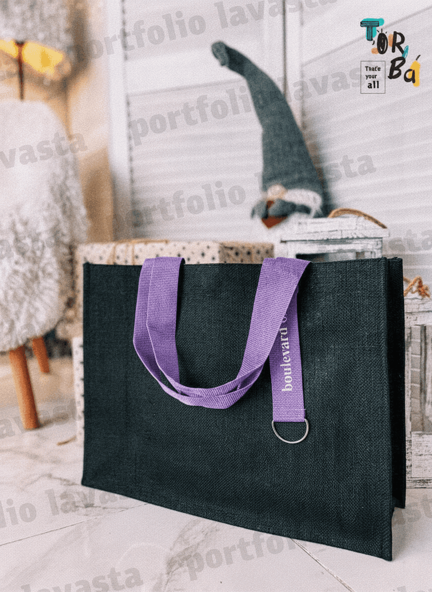 Black Laminated Jute Tote Bag with Ribbon & D-Ring
