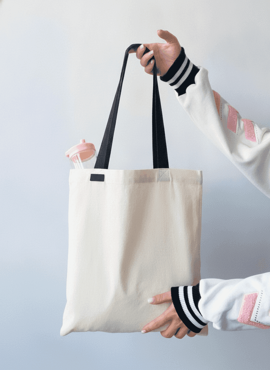 Double-knit tote bag with black handles