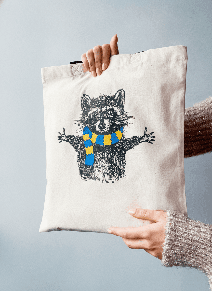 Black Calico Tote Bag with Hugging Raccoon Print