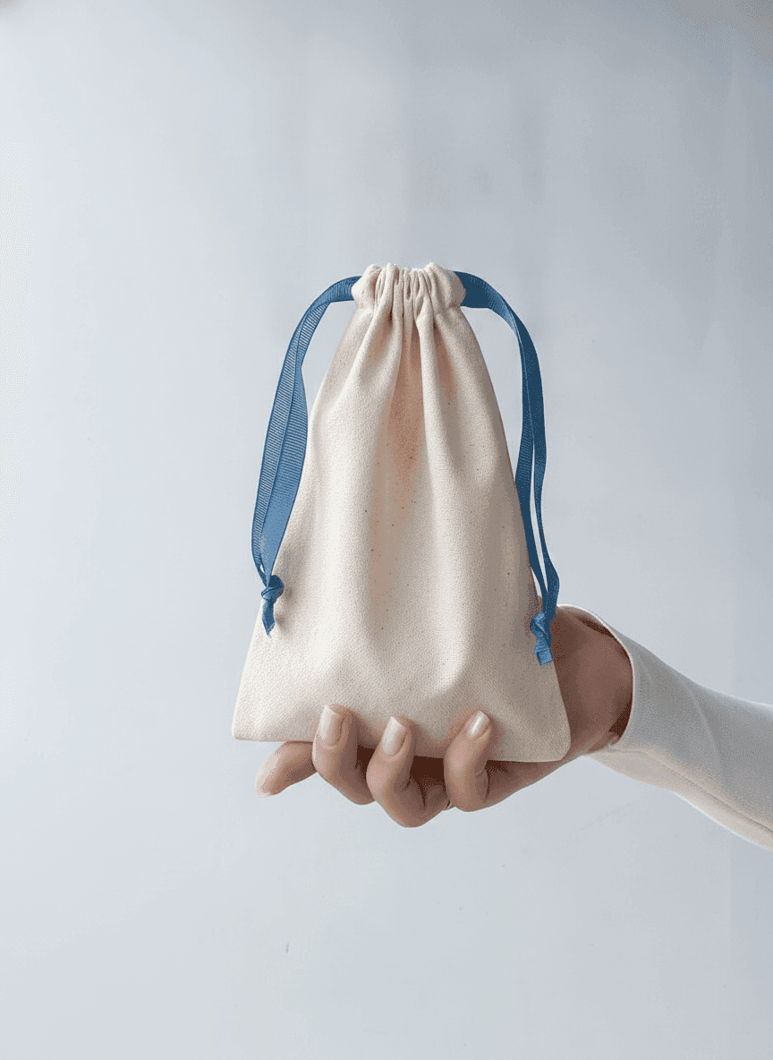 Double-Knit Drawstring Pouch with Blue Grosgrain Ribbon