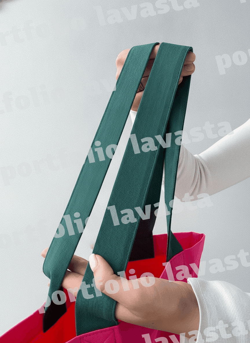Pink Twill Tote Bag with Dark Green Handles