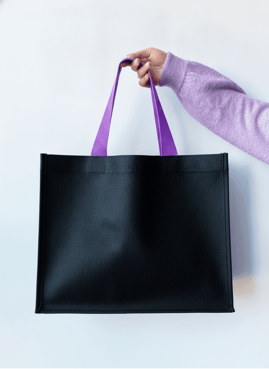 Black Laminated Jute Tote Bag with Ribbon & D-Ring