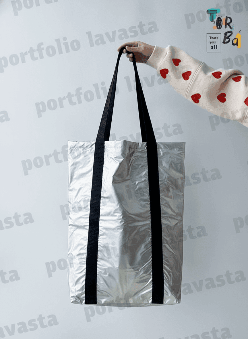 Large Silver Waterproof Tote Bag with Long Handles