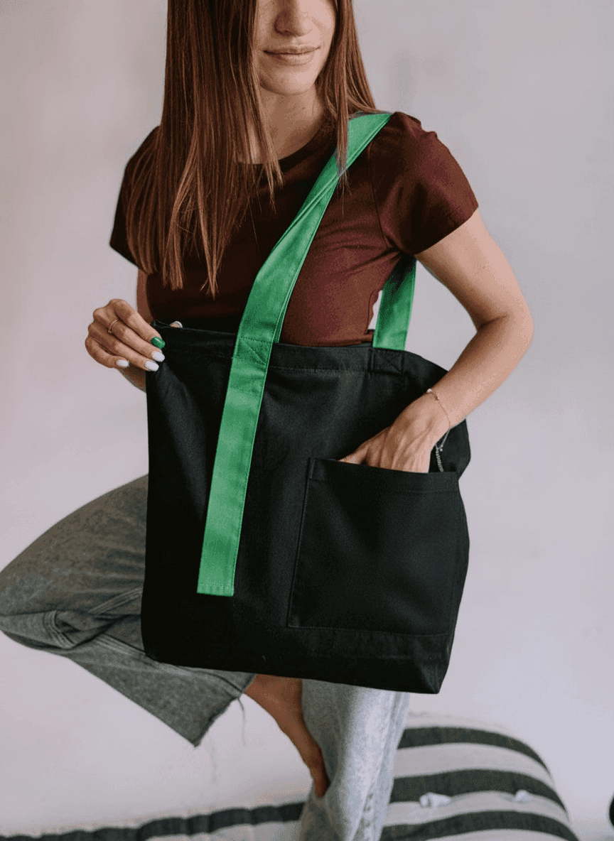 Black-Green Twill Tote Bag