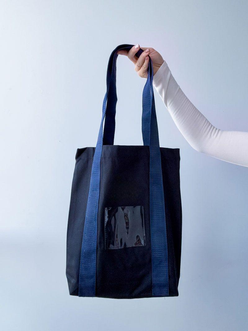 Шопер из саржи (плотный хлопок) с двойным дном и синими лентовыми ручками — вертикальный городской эко-шопер для покупок, промо и ежедневного использования без печати размер: 35см х 38см х 7см
