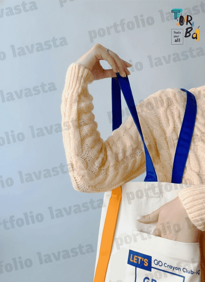 Cotton Tote Bag with Blue Handle & Orange Pocket