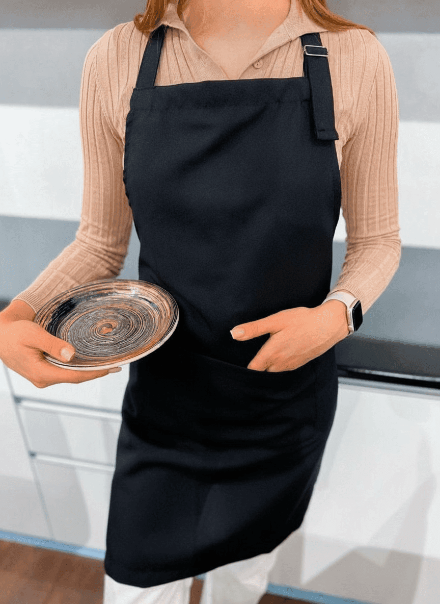 Black Gabardine Apron with Print