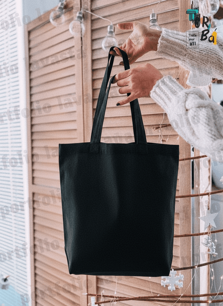Black Heavy Cotton Tote Bag with Box Bottom & Double Handles