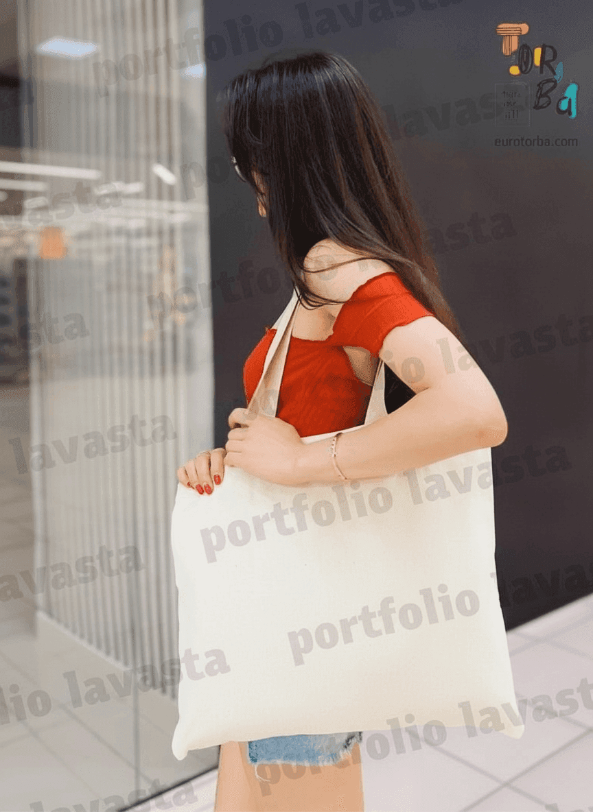 Wide Calico Tote with Ribbon Handles