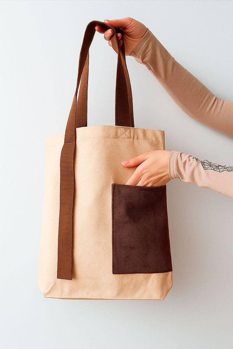 Экошоппер из двунитки с коричневым карманом и ручками-лентами — сумка с удлинённой лентой, прочная хлопковая шоппер-сумка для покупок и повседневного использования без печати Размер: 38см х 42смх 7см