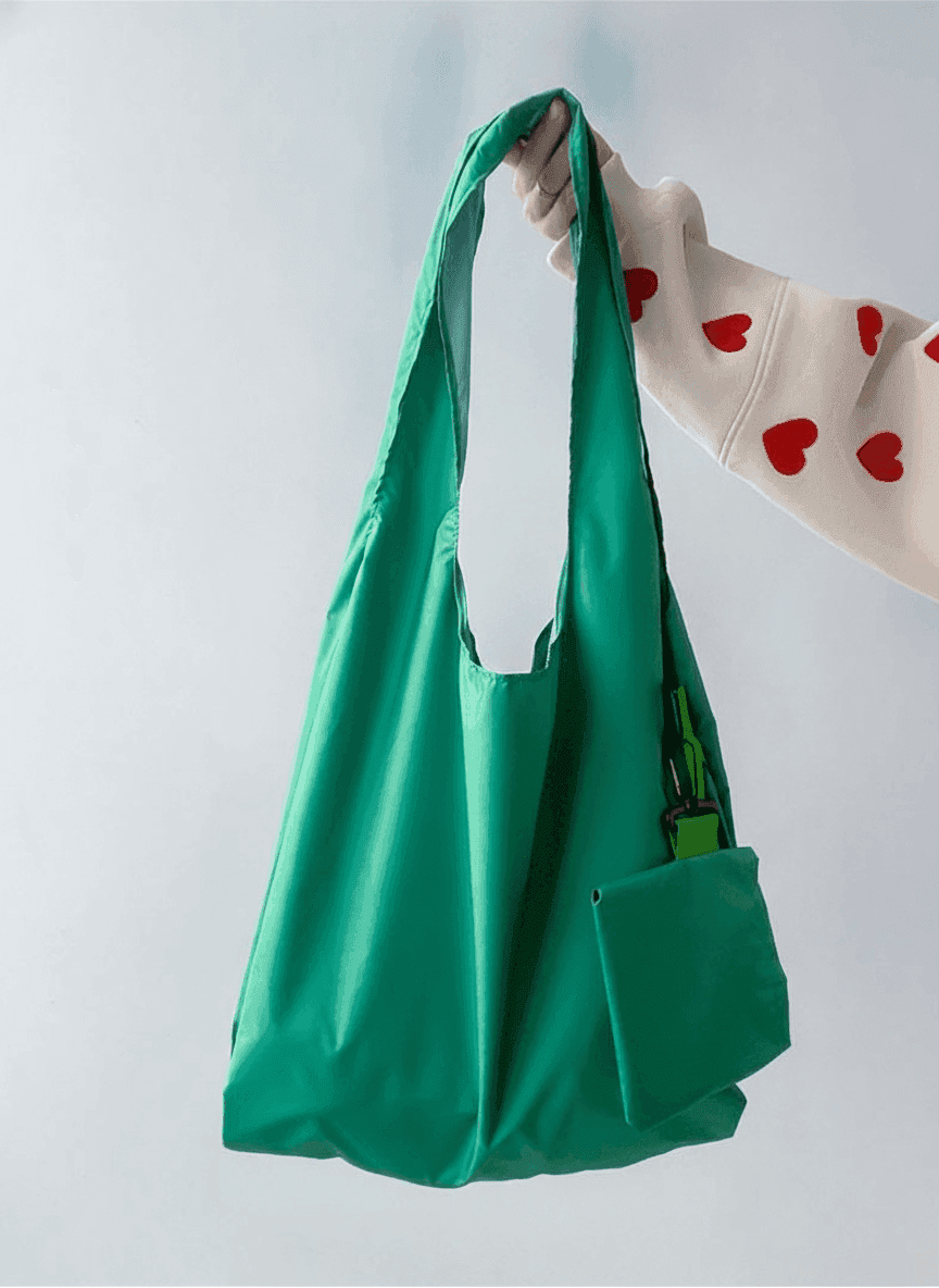 Compact Foldable Green Tote Bag with Pouch