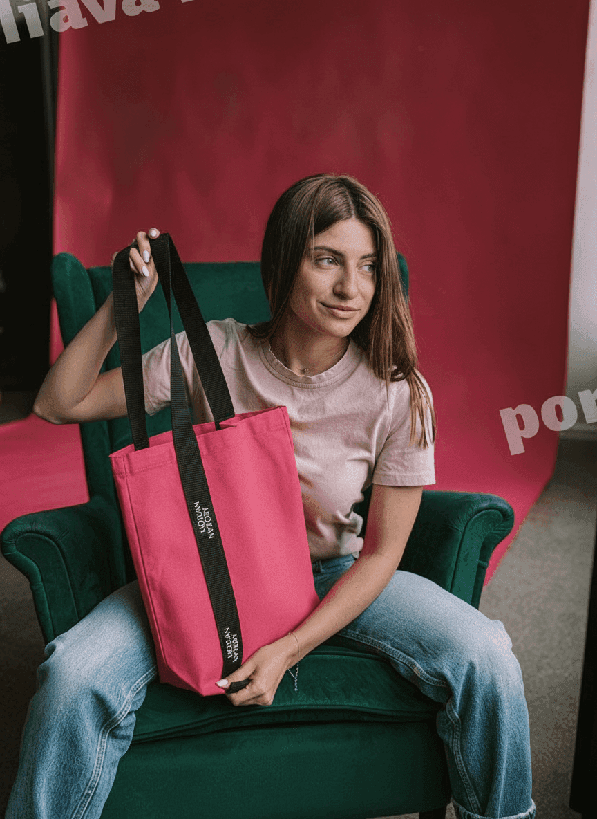 Pink Twill Tote Bag with Dark Green Handles