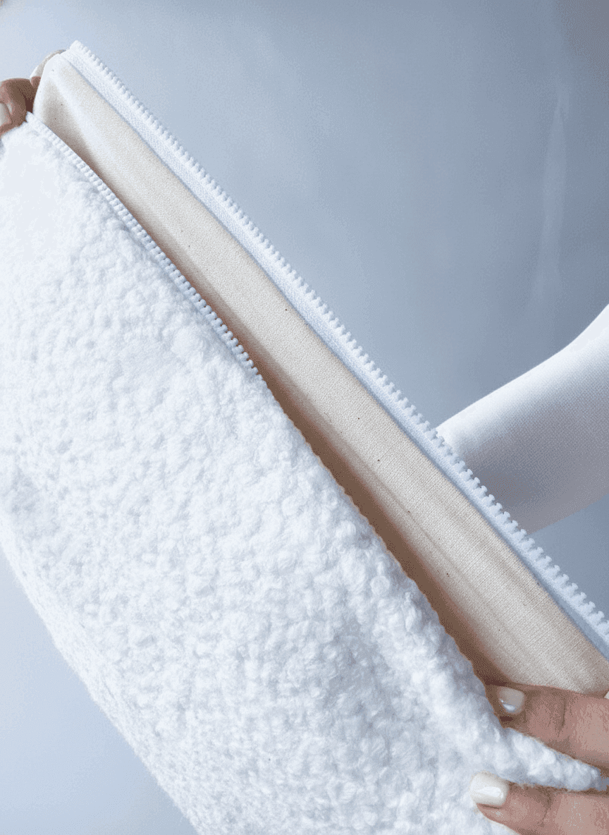 White sherpa-lined laptop sleeve with zipper