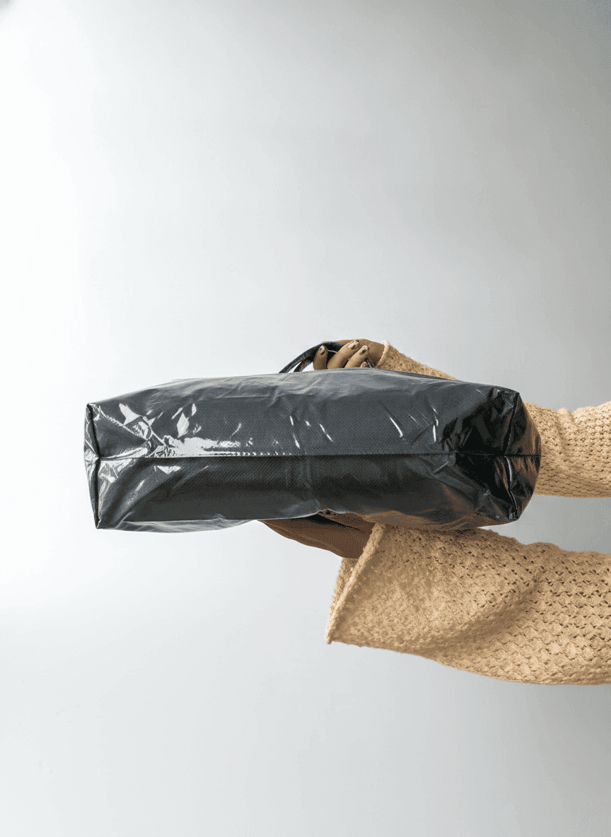 Foil fabric shopper with grey handles for shopping