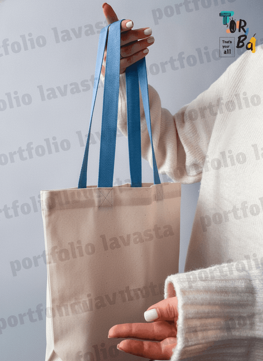 Long Cotton Tote Bag with Blue Handles