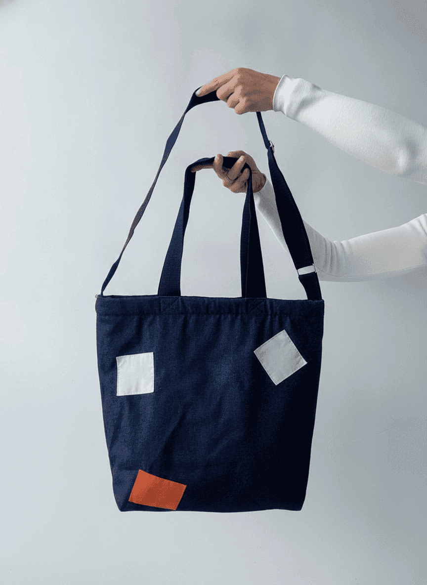 Navy Denim Tote Bag with Patches and Pockets