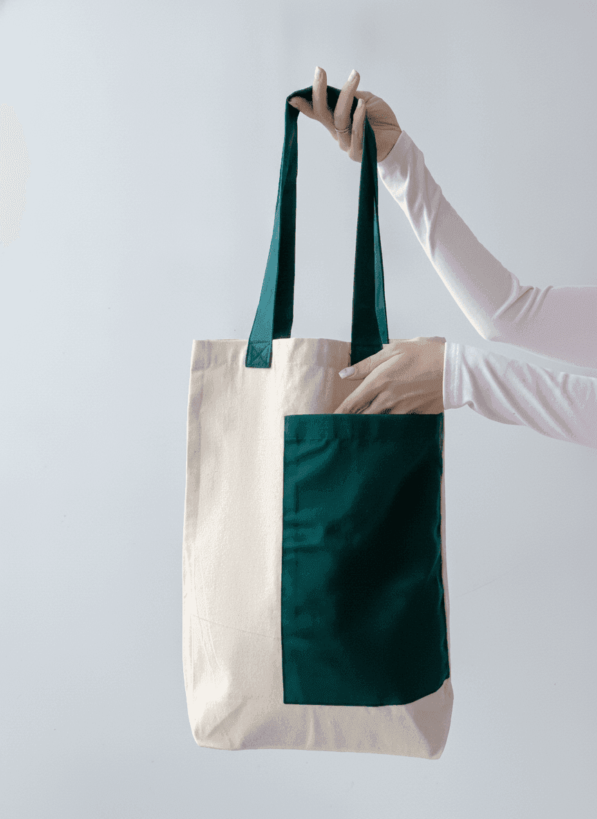 Natural Fabric Tote Bag with Green Pocket & Ribbon