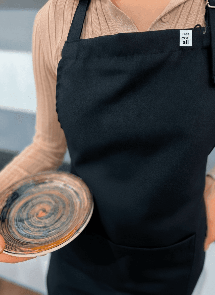 Black Gabardine Apron with Print