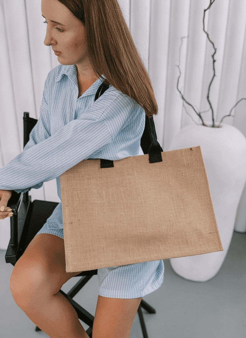 Jute Tote Bag with Long Handles and Flat Bottom