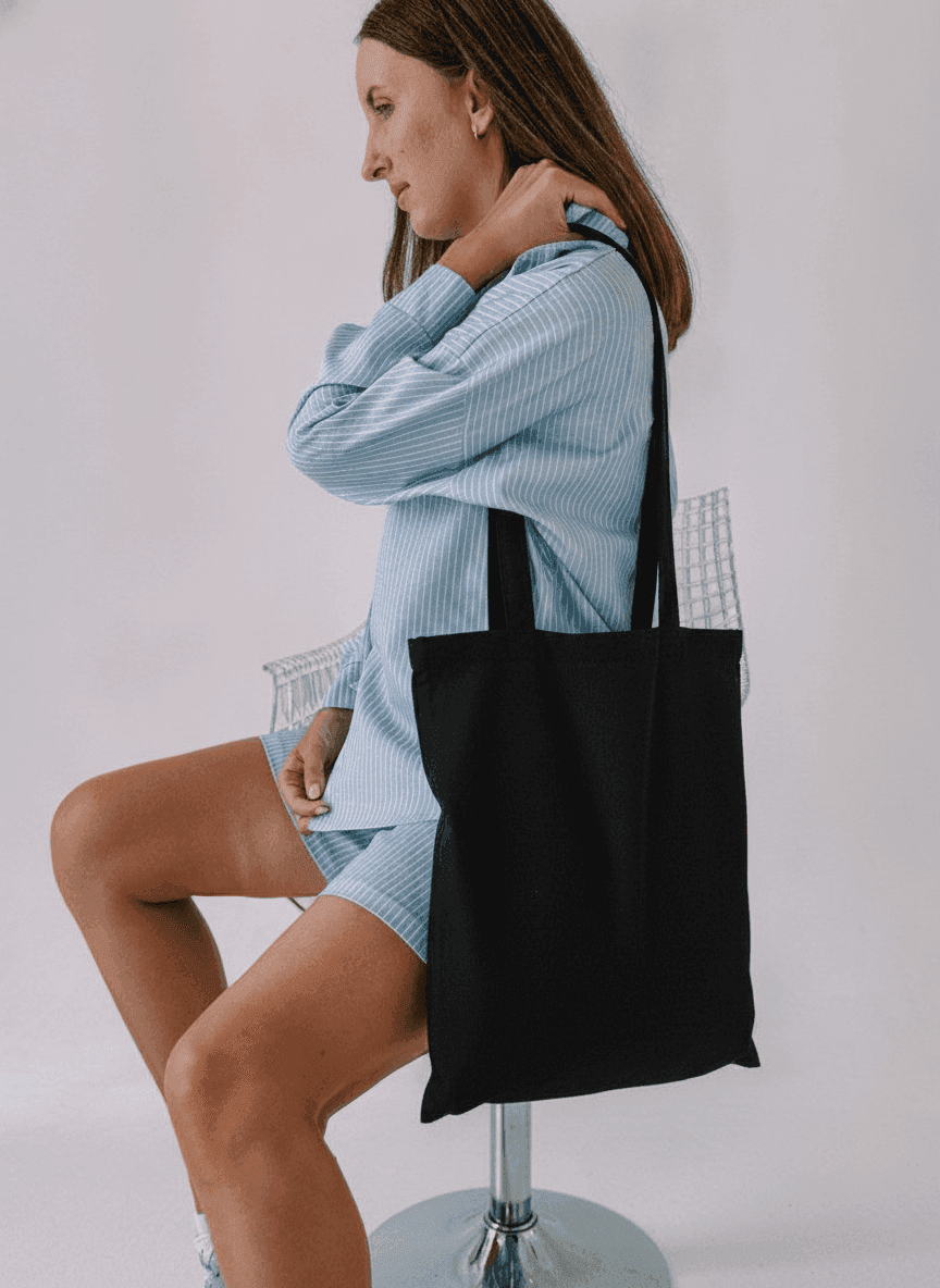 Black Twill Tote Bag with Gusseted Bottom & Long Handles