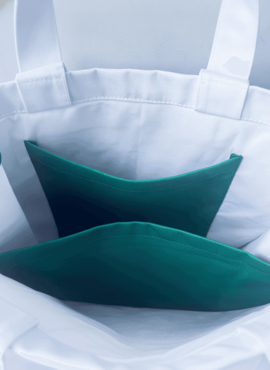 White Cotton Tote with Green Inner Pockets