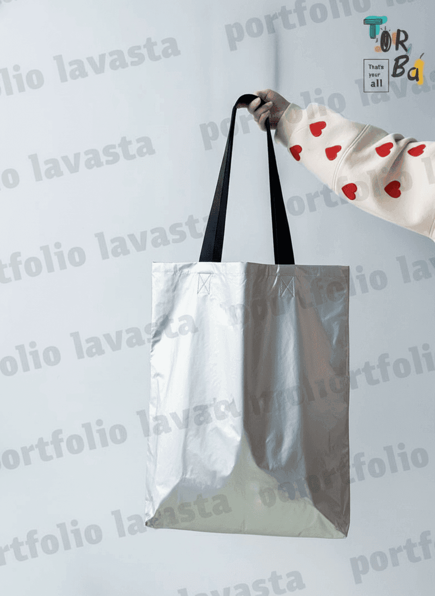 Large Silver Waterproof Tote Bag with Long Handles
