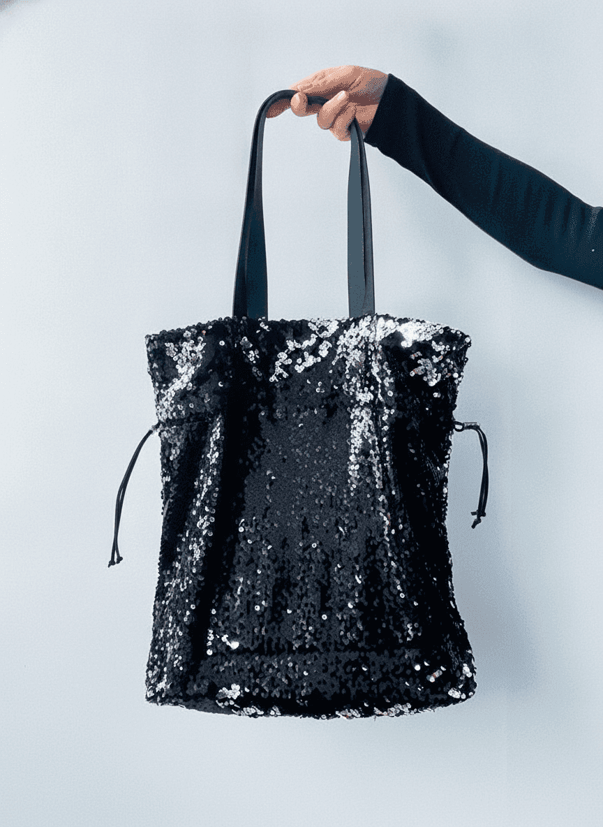 Sequin tote with leather handles