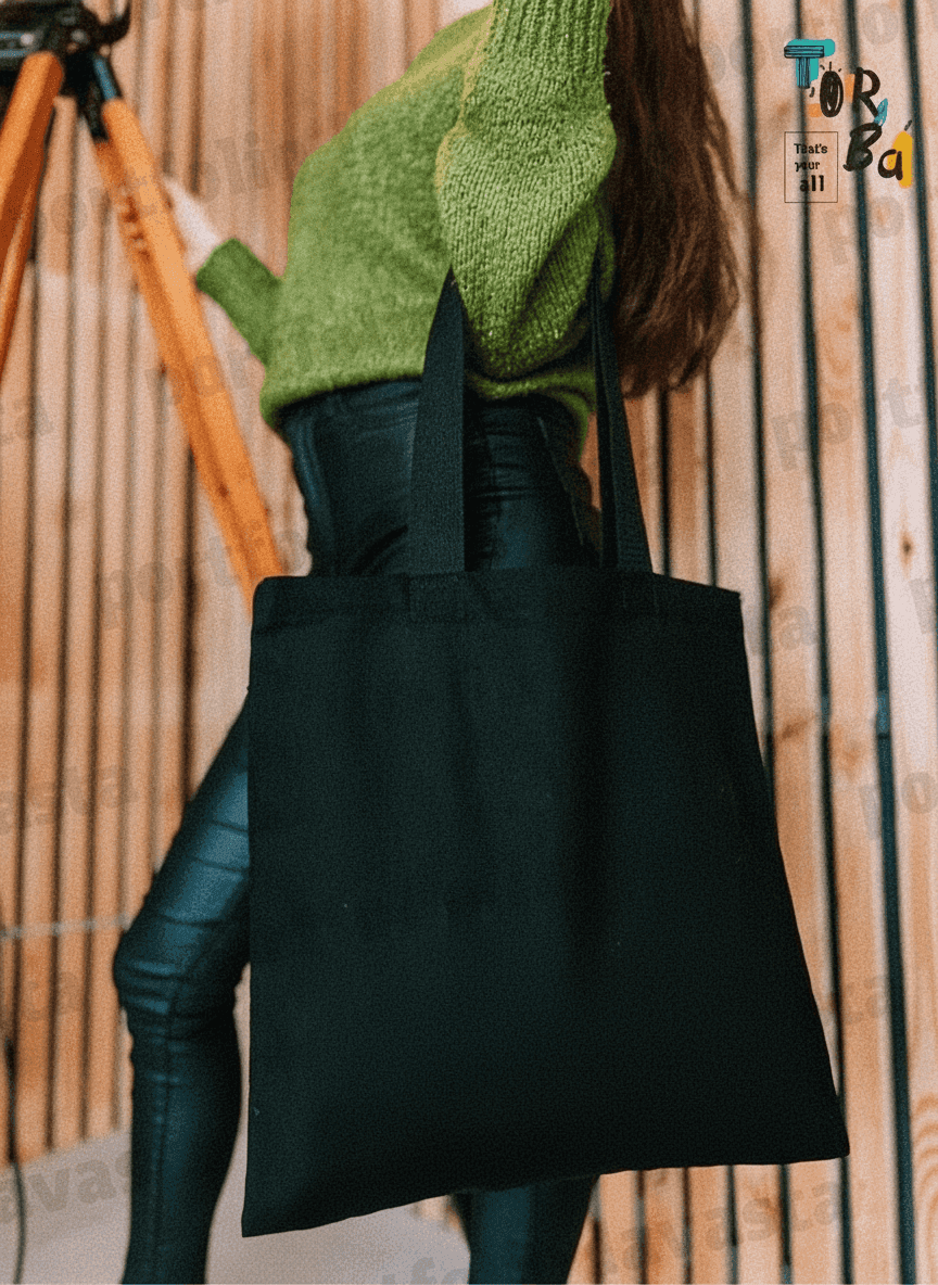 Black Midweight Cotton Square Tote Bag