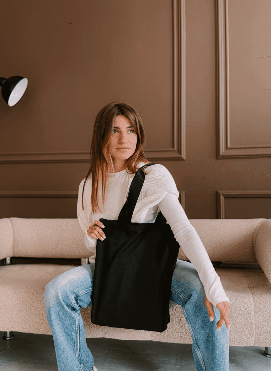 Високий шопер із бавовняної саржі з довгими ручками на плече