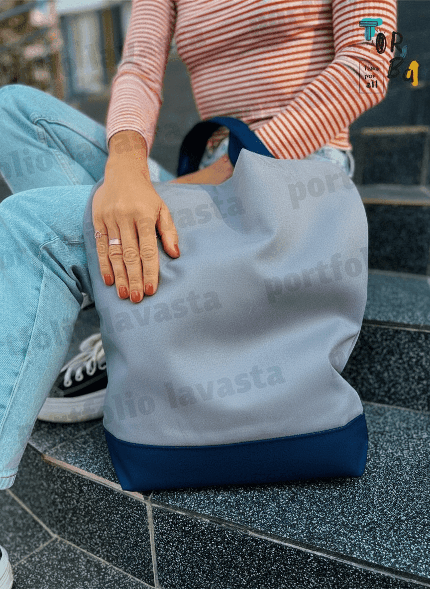 Two-Tone Gray and Blue Heavyweight Cotton Tote