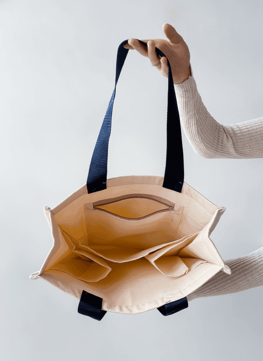 Light Beige Tote with Contrast Handles & Trim